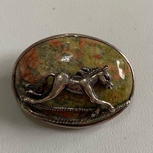 Lovely Marbled Earth Tone Gemstone. Silver Running Foal